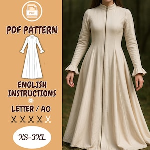 May include: A beige long coat with a zipper closure and flared skirt. The coat has long sleeves with ruffled cuffs. The image also includes a PDF pattern with English instructions, available in sizes XS-3XL.