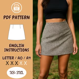 Patrón de costura de minifalda / Patrón PDF XS-3XL / Instrucciones en inglés / Tamaño carta A0 A4 / Falda estilo vintage / Falda de lana