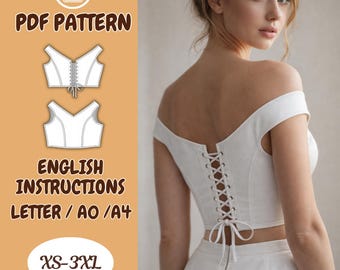 Dropped Shoulders Corset Sewing Pattern, Off Shoulder Bridal  V-Neck Crop Top Lace Up Back