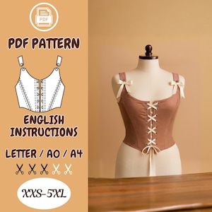 May include: A brown corset on a mannequin, with white lacing and straps tied with white bows. The image includes text: "PDF PATTERN", "ENGLISH INSTRUCTIONS", "LETTER / AO / A4", and "XXS-5XL".
