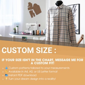 Puede incluir: Una camisa a cuadros en un maniqu&iacute;. La imagen incluye una m&aacute;quina de coser, carretes de hilo y el texto "CUSTOM SIZE: IF YOUR SIZE ISN'T IN THE CHART, MESSAGE ME FOR A CUSTOM FIT!"