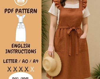 Patrón de costura en PDF para vestido tipo delantal con volantes – Delantal de lino, estilo campestre con bolsillos – Tallas XS a 3XL