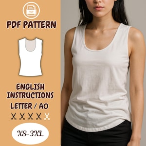 May include: A cream-colored tank top with a scoop neck is shown. The image includes a PDF pattern graphic with the text "PDF PATTERN" and "ENGLISH INSTRUCTIONS LETTER / AO". The available sizes are XS-3XL.
