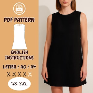 Puede incluir: Un patrón PDF para un vestido negro sin mangas con cuello redondo. El patrón incluye instrucciones en inglés y está disponible en tallas XS-3XL. El patrón se imprime en papel carta, A0 o A4.