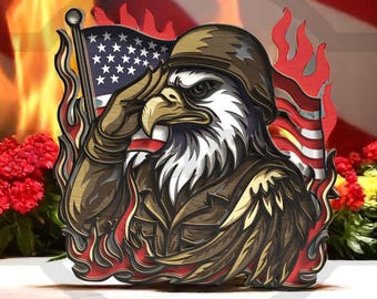 Soldato aquila patriottica 3D stratificato SVG - Bandiera USA, Memoriale dei veterani