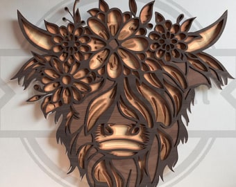Vaca de las Tierras Altas Floral SVG – Arte mural 3D cortado con láser en capas – Descarga digital