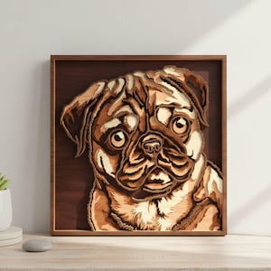 May include: A wooden wall art piece featuring a detailed portrait of a pug dog. The artwork is crafted from layered wood, showcasing varying shades of brown and tan. The pug's face is the focal point, with its expressive eyes and wrinkled features.
