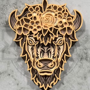 Bison Head SVG – Floral Layered Cow Skull Laser Cut Design