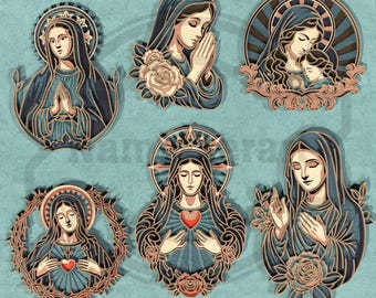 May include: Six layered wooden artworks of the Virgin Mary in various poses. The pieces use blue, tan, and brown hues. Some designs include roses, halos, and a crown. The artworks are suitable for wall decor.