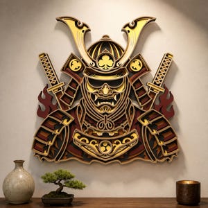 Puede incluir: Una pieza de arte mural de madera multicapa que representa a un guerrero samurái con un casco detallado con cresta, armadura y una máscara facial feroz. Dos espadas katana cruzadas se colocan detrás de la figura, acentuadas por motivos de llamas rojas.
