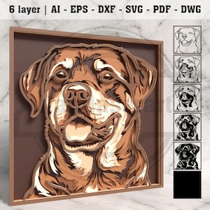 May include: A multi-layered, brown and tan Rottweiler dog portrait. The artwork is framed in a brown border and includes the text "6 layer | AI - EPS - DXF - SVG - PDF - DWG". Additional dog illustrations are shown on the right.