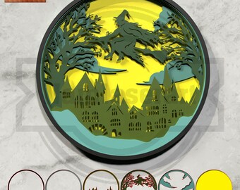 Flying Witch Halloween Laser Cut Wall Decor -  Spooky 3D Scene  - Digital Download