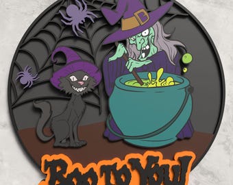 Halloween Witch Cauldron Layered Sign, Laser Cut File (SVG, PDF)