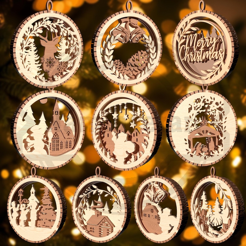 May include: A collection of wooden Christmas ornaments with various designs. Each ornament is circular with a light wood interior and a dark wood border. Designs include a deer, church, and the text "Merry Christmas".