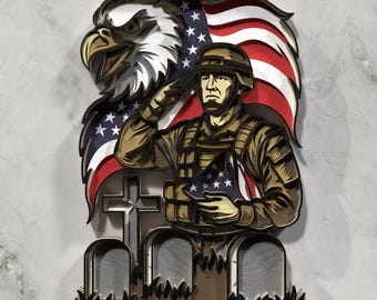 Memoriale militare SVG - File di taglio laser per tomba di soldato americano, aquila patriottica e bandiera da parete