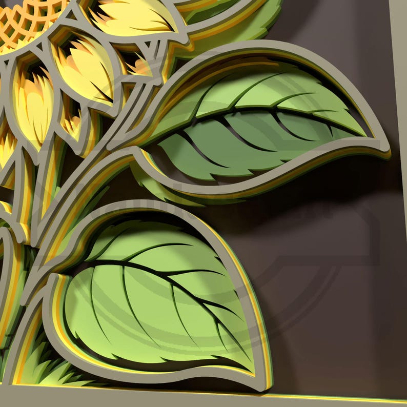 Puede incluir: Una obra de arte en papel en capas que representa un girasol con hojas verdes y p&eacute;talos amarillos. La obra de arte tiene un efecto 3D, con cada capa creando profundidad y dimensi&oacute;n. La paleta de colores incluye tonos de verde, amarillo y marr&oacute;n.
