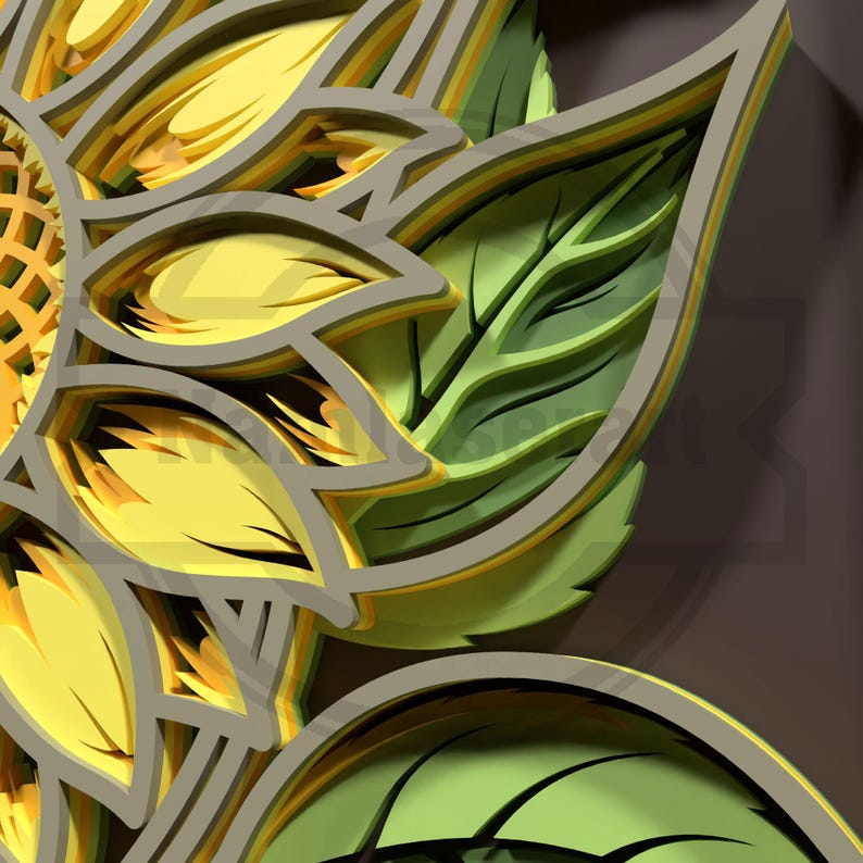 Puede incluir: Primer plano de un dise&ntilde;o de girasol en capas con p&eacute;talos amarillos y hojas verdes. El girasol tiene un centro texturizado y est&aacute; sobre un fondo marr&oacute;n. El dise&ntilde;o tiene un efecto 3D.
