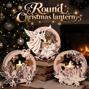Puede incluir: Tres linternas circulares de madera con intrincados diseños cortados con láser de un ángel, una escena de natividad y los tres reyes magos. Cada linterna incluye una pequeña vela LED en el centro, decorada con hojas de acebo, bayas y copos.