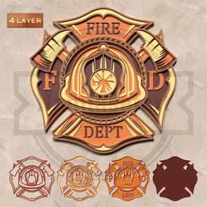 Puede incluir: Un emblema de bombero de madera multicapa en tonos marrón, naranja y amarillo. El diseño incluye las palabras "FIRE" y "DEPT" y un casco de bombero. El texto "4 LAYER" está en la esquina superior izquierda. Debajo hay cuatro diseños de emblemas más pequeños.