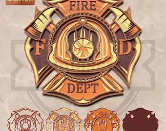 May include: A multi-layered wooden fire department emblem in shades of brown, orange, and yellow. The design includes the words "FIRE" and "DEPT" and a firefighter's helmet. The text "4 LAYER" is in the upper left corner. Below are four smaller emblem designs.