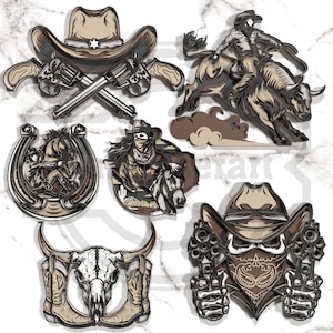 May include: A selection of layered wooden cutouts with cowboy themes. Designs include a cowboy hat with crossed revolvers, a cowboy riding a bull, a horseshoe with a cowboy, a cowgirl on a horse, a skull with a bandana and revolvers, and a steer skull with boots.