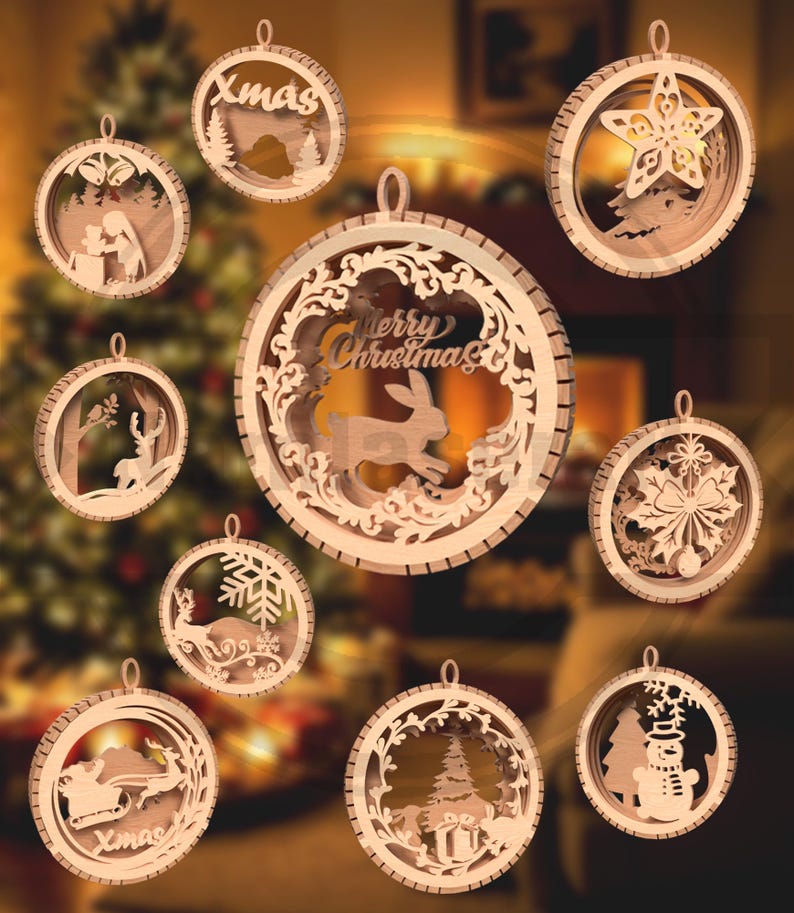 May include: A collection of wooden Christmas ornaments with various designs. Each ornament is circular with a cutout design, including a star, a snowflake, a reindeer, and a snowman. Some ornaments have the word "Xmas" or "Merry Christmas" cut into the wood.
