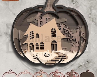3D Layered Halloween Pumpkin Haunted House SVG -  Laser Cut File  - Digital Download