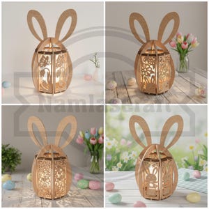 May include: Wooden Easter bunny lantern with cutout designs. The lantern has a bunny ear top and a decorative egg-shaped body. The cutout designs include butterflies, flowers, and bunnies. The lantern is lit from within, creating a warm glow.