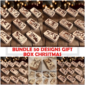 Puede incluir: Una colección de cajas de regalo rectangulares de madera con intrincados diseños cortados con láser. Las cajas presentan varios patrones temáticos navideños, incluyendo renos, copos de nieve y adornos. Se muestra el texto "BUNDLE 50 DESIGNS GIFT BOX CHRSITMAS".