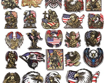 May include: A collection of patriotic-themed designs featuring American flags, eagles, and soldiers. The images are rendered in a detailed, illustrative style, with a color palette of red, white, and blue. The designs are suitable for various applications.