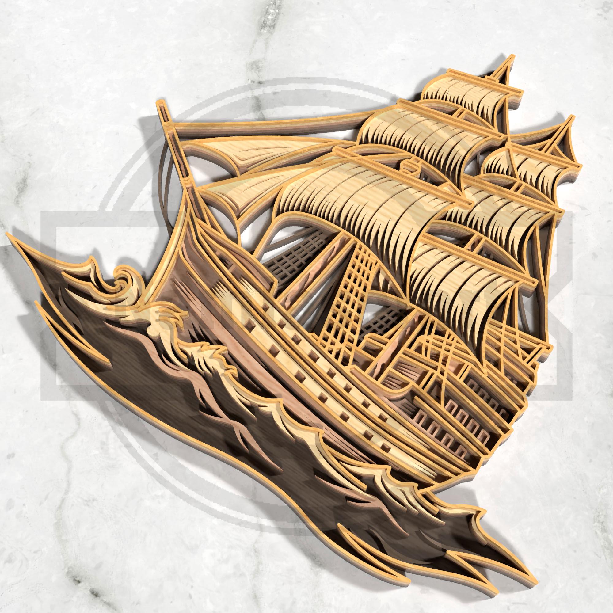 帆船SVG – 3Dレイヤード航海レーザーカットウォールアート – デジタル