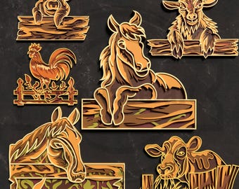 Paquete SVG de animales de granja - Archivos cortados con láser en capas - Descarga digital