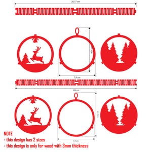 May include: Red Christmas ornament designs, including a reindeer scene, a tree scene, and a blank circle, with measurements in centimeters. The design also includes two decorative strips. The text states the design has two sizes and is for 3mm thick wood.