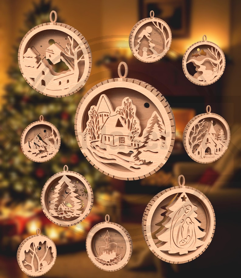 May include: A collection of wooden Christmas ornaments with intricate laser-cut designs. Each ornament features a different winter scene, including houses, trees, and religious figures. The ornaments are round with a small loop for hanging.