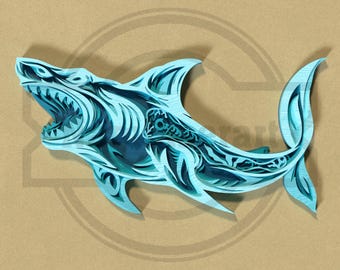 3D Layered Shark SVG -  Ocean Predator Wall Art  - Digital Download