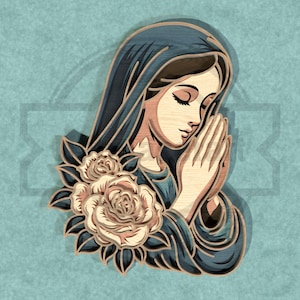 Maagd Maria Rose SVG, gezegende moeder lasergesneden meerlagig ontwerp, katholieke Marian kunst aan de muur voor Cricut, houten decor