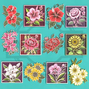 May include: A selection of colourful paper cut-out flowers, including hibiscus, roses, lilies, sunflowers, and orchids. Each flower is intricately designed with layered petals and leaves, set against a teal background. The flowers are in square frames.