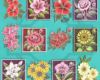 Może przedstawiać: Kolekcja kolorowych kwiatów wyciętych z papieru, w tym hibiskusy, róże, lilie, słoneczniki i orchidee. Każdy kwiat jest misternie zaprojektowany z warstwowymi płatkami i liśćmi, na turkusowym tle. Kwiaty są w kwadratowych ramkach.