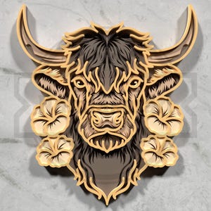 Laser Cut Bison Head with Hibiscus -  3D Layered Wall Art SVG
