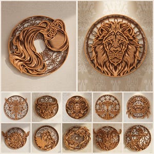 Peut inclure: Œuvres d'art murales en bois représentant des signes du zodiaque. L'image présente plusieurs sculptures circulaires en bois, chacune représentant un symbole astrologique différent. Les sculptures sont dans des tons bruns et beiges, avec des motifs en couches complexes. Les signes incluent Verseau, Lion, Taureau, etc.