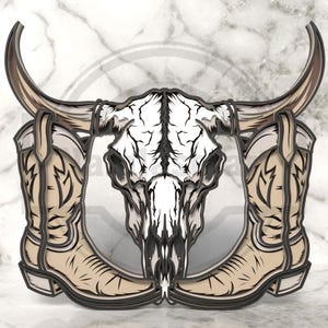 May include: A layered design featuring a cow skull with large horns, flanked by two cowboy boots. The boots and horns are tan, while the skull is white with black detailing. The design has a western or country theme.