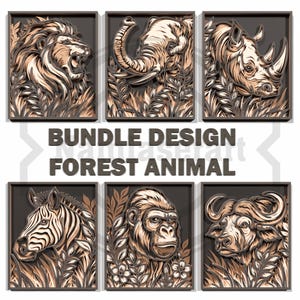 May include: A set of six framed 3D layered art pieces depicting forest animals. The artwork includes a lion, elephant, rhino, zebra, gorilla, and buffalo, with the text "BUNDLE DESIGN FOREST ANIMAL" in the centre.