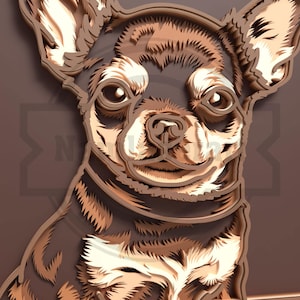Op de afbeelding: Een gelaagd papieren kunstwerk met een Chihuahua-hond. Het kunstwerk gebruikt verschillende tinten bruin en beige om een 3D-effect te cre&euml;ren, waarbij de kenmerken van de hond worden benadrukt. De hond staat centraal tegen een neutrale bruine achtergrond.