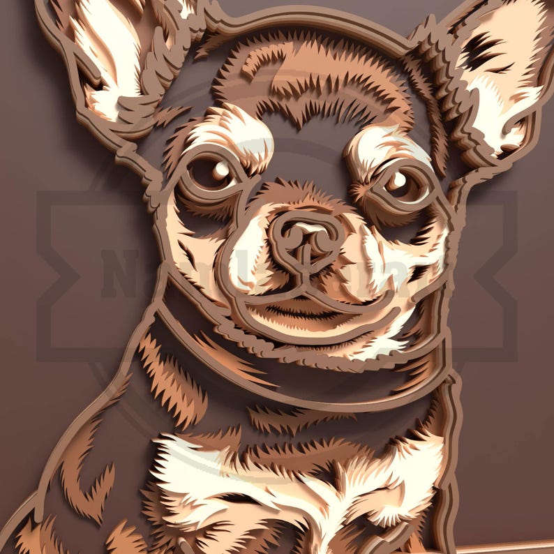 Op de afbeelding: Een gelaagd papieren kunstwerk met een Chihuahua-hond. Het kunstwerk gebruikt verschillende tinten bruin en beige om een 3D-effect te cre&euml;ren, waarbij de kenmerken van de hond worden benadrukt. De hond staat centraal tegen een neutrale bruine achtergrond.