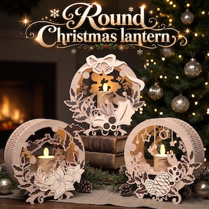 Peut inclure: Trois lanternes de Noël circulaires en bois avec des motifs découpés au laser représentant des cloches, des rennes, des poinsettias et des pommes de pin. Chaque lanterne contient une petite bougie LED centrale à pile.
