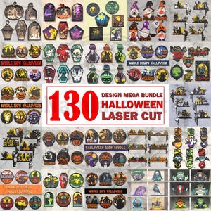 Puede incluir: Una colección de 130 diseños de Halloween cortados con láser. Los diseños incluyen calabazas, casas embrujadas, botellas de pociones, gnomos y letreros. El texto de la imagen dice "Design Mega Bundle Halloween Laser Cut".