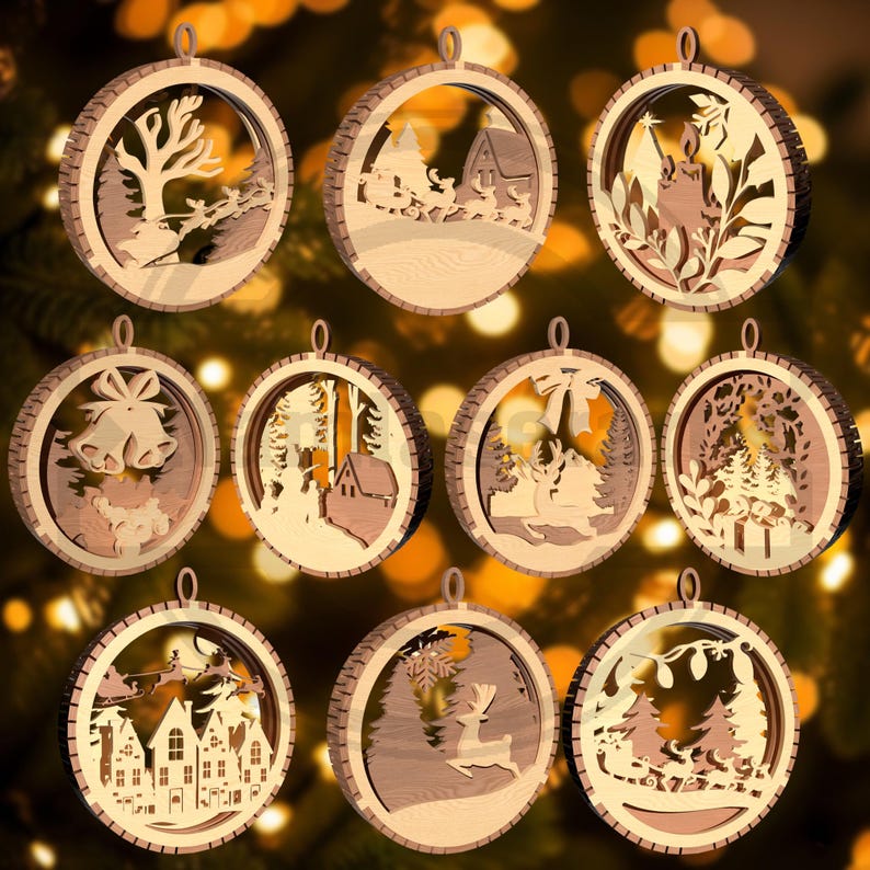 May include: A collection of wooden Christmas ornaments with various winter-themed cut-out designs. Each ornament is circular with a detailed scene, including a reindeer, houses, and trees. The ornaments are made of light brown wood.