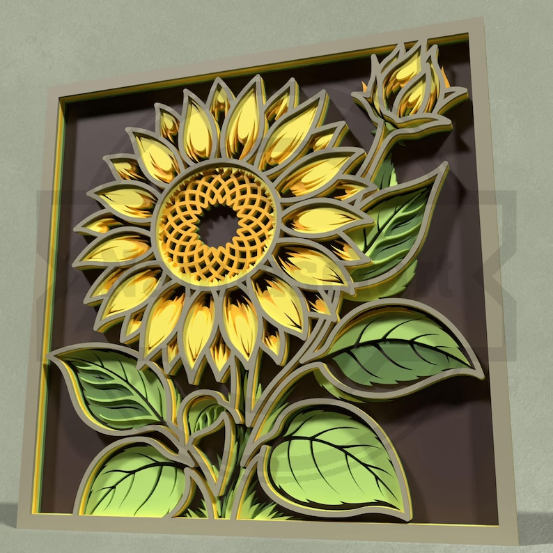 Puede incluir: Una obra de arte de girasol en capas con una flor amarilla y dorada, hojas verdes y un fondo marr&oacute;n. El girasol est&aacute; en plena floraci&oacute;n con p&eacute;talos detallados y un centro texturizado. La obra de arte est&aacute; enmarcada en un borde marr&oacute;n claro.