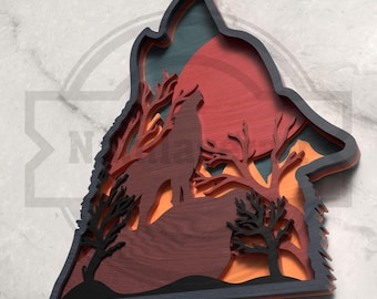 3D Howling Wolf Layered SVG -  Forest Scene Laser Cut Files
