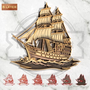 May include: A multi-layered wooden ship sculpture with intricate details. The ship is depicted sailing on waves, with sails billowing in the wind. The text "6 LAYER" is in the upper left corner. Below are several smaller ship designs.